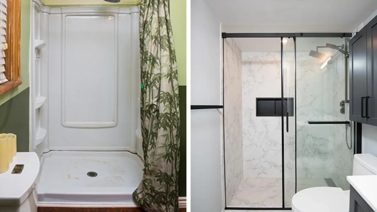 An image of a before and after bathroom renovation